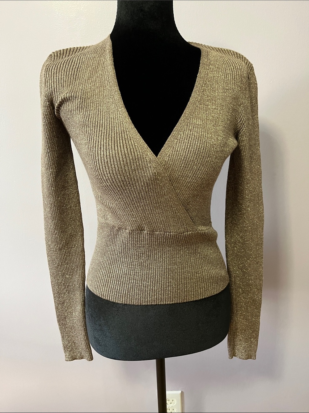 Pink Rose Metallic Gold Ribbed Wrap V-Neck Sweater